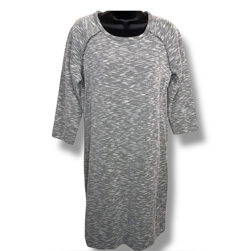 Medium Merona Grey White Print Dress Stretch Casual 3/4 Sleeve